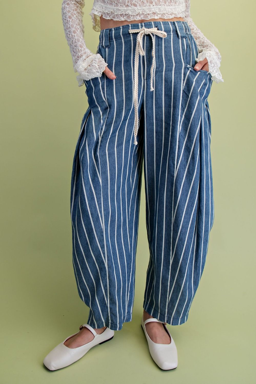 Stripe Printed Washed Chambray Pants