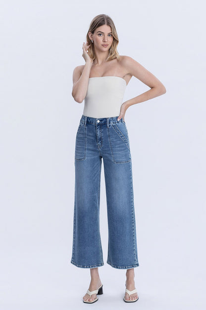 Serendipity High Rise Elastic Waistband Ankle Baggy Wide Jeans by Vervet