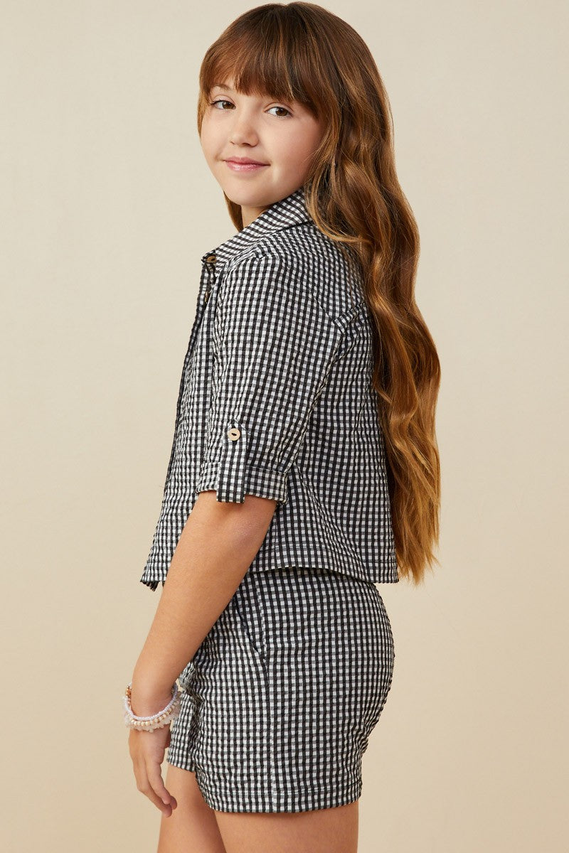 Girls Roll Sleeve Button Up Seersucker Shirt