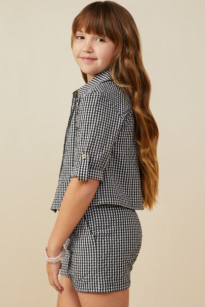 Girls Roll Sleeve Button Up Seersucker Shirt