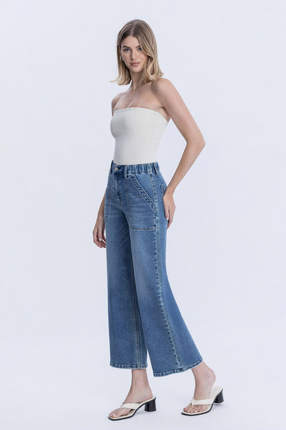 Serendipity High Rise Elastic Waistband Ankle Baggy Wide Jeans by Vervet