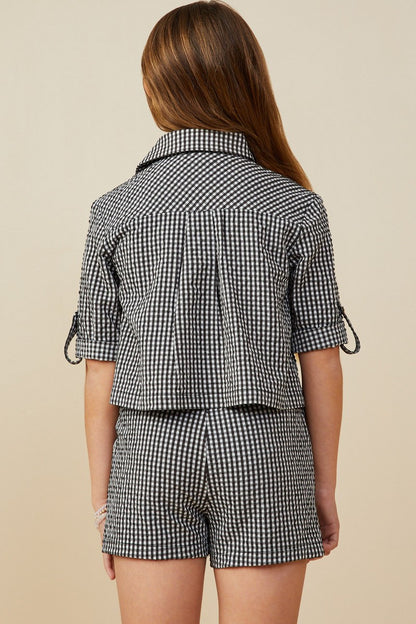 Girls Roll Sleeve Button Up Seersucker Shirt