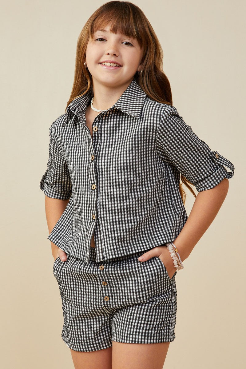 Girls Roll Sleeve Button Up Seersucker Shirt