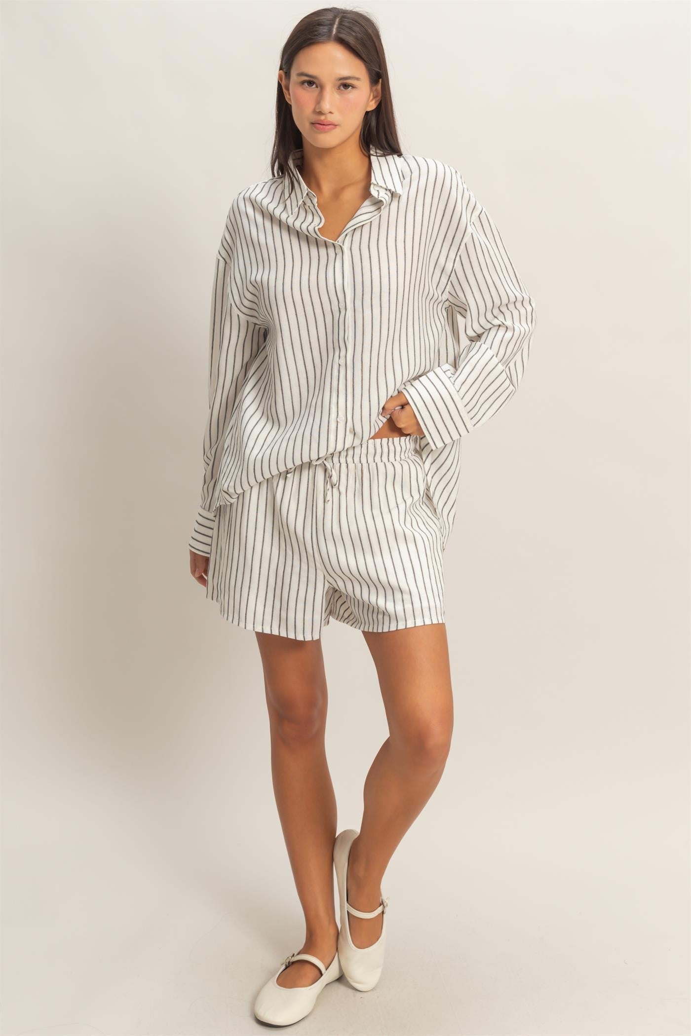 Striped Shirt & Drawstring Short Set