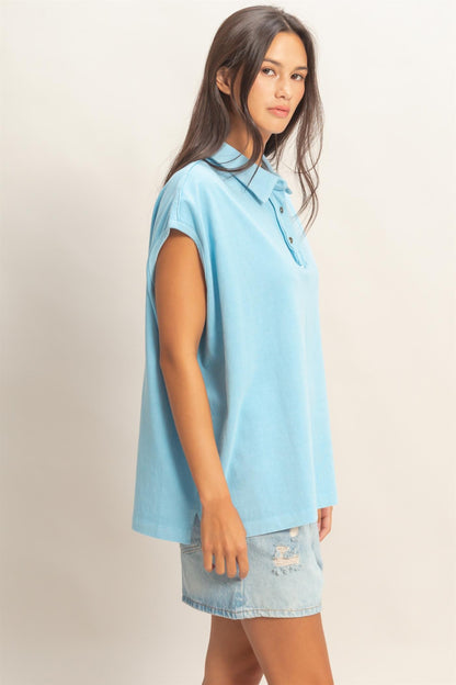 Pigment Dye Sleeveless Polo Oversized Top