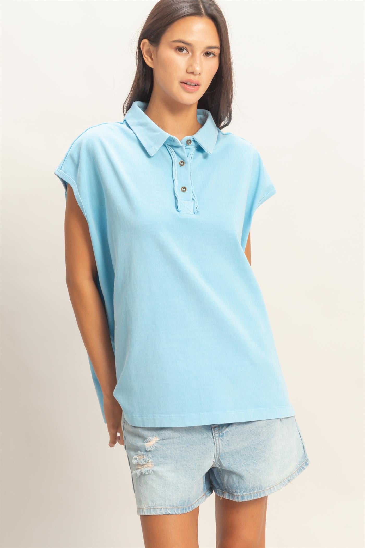 Pigment Dye Sleeveless Polo Oversized Top
