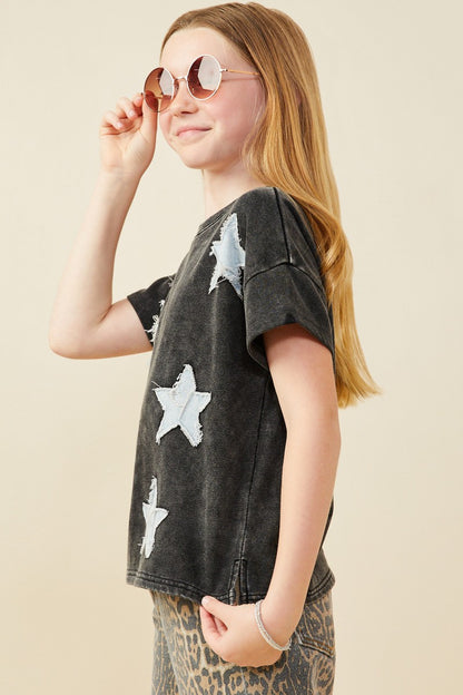 Girls Denim Star Patched Washed Knit Top