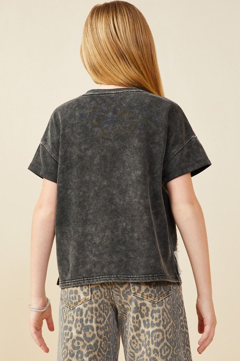 Girls Denim Star Patched Washed Knit Top