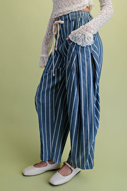 Stripe Printed Washed Chambray Pants