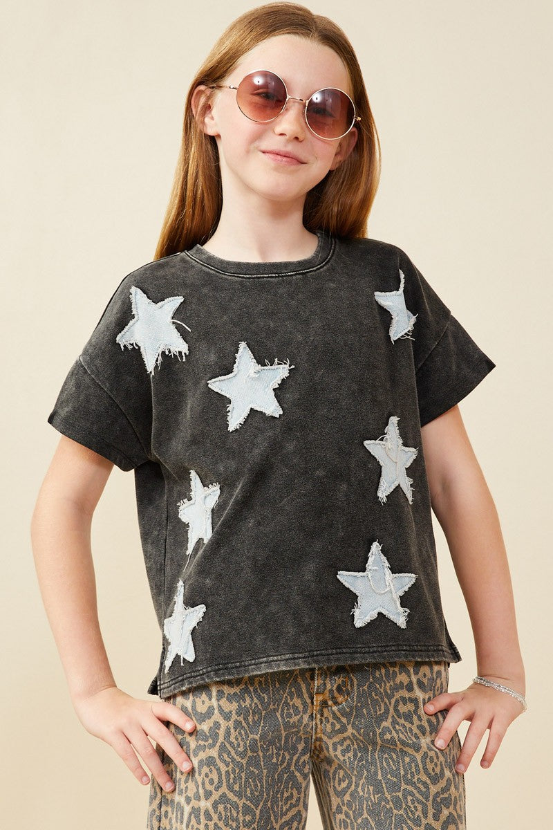 Girls Denim Star Patched Washed Knit Top