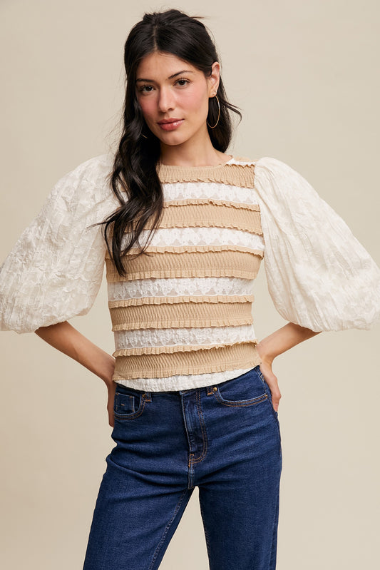 Lace Puff Sleeve Smocked Top