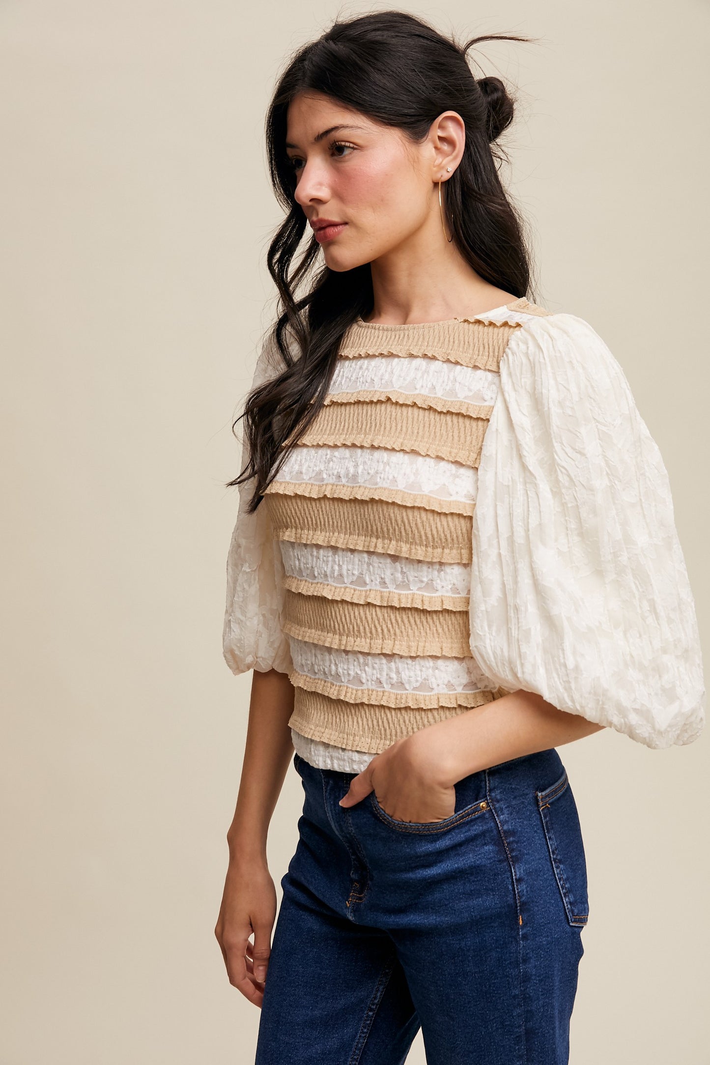 Lace Puff Sleeve Smocked Top