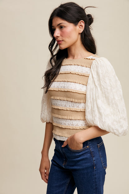 Lace Puff Sleeve Smocked Top
