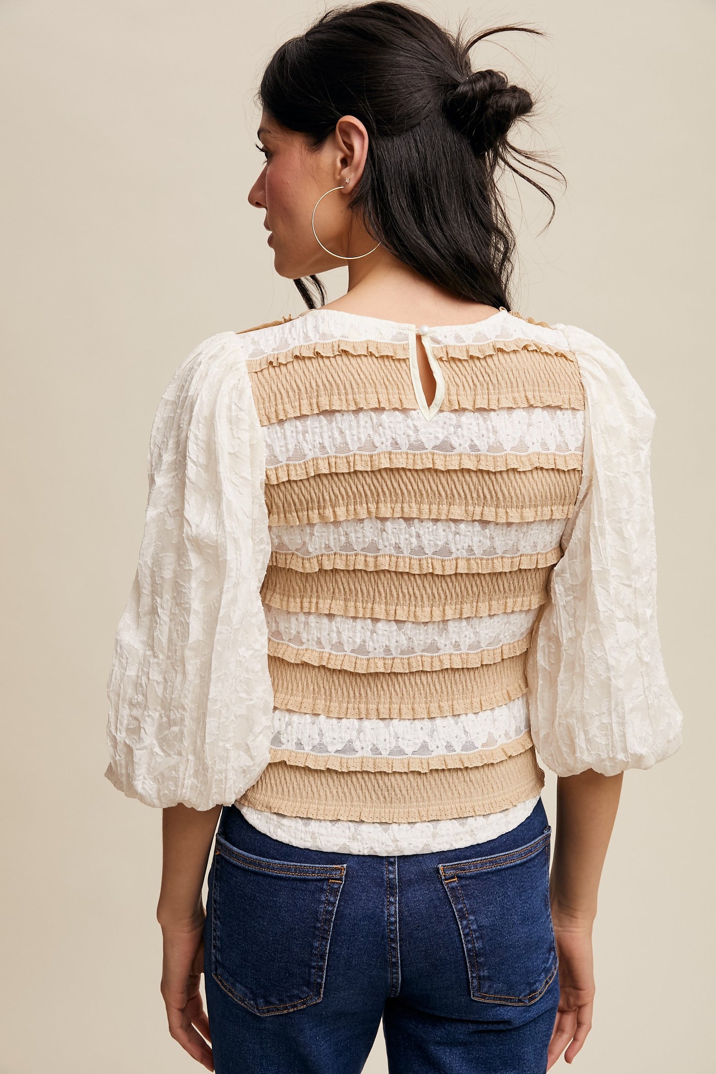 Lace Puff Sleeve Smocked Top