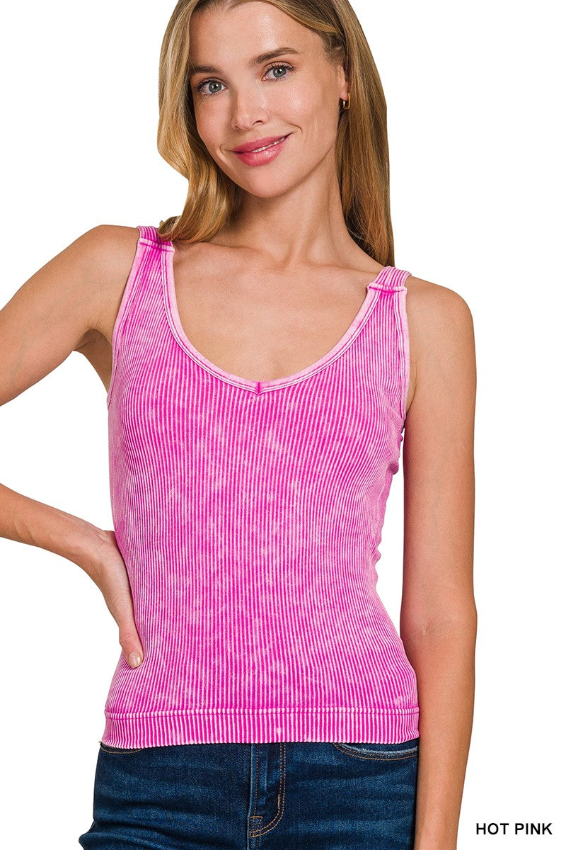 Stone Washed Ribbed Seamless Tank Top W Bra Pad