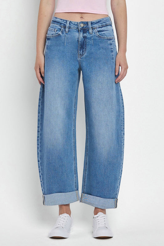 Wind Snap Super High Rise Double Cuffed Barrel Jeans by Vervet