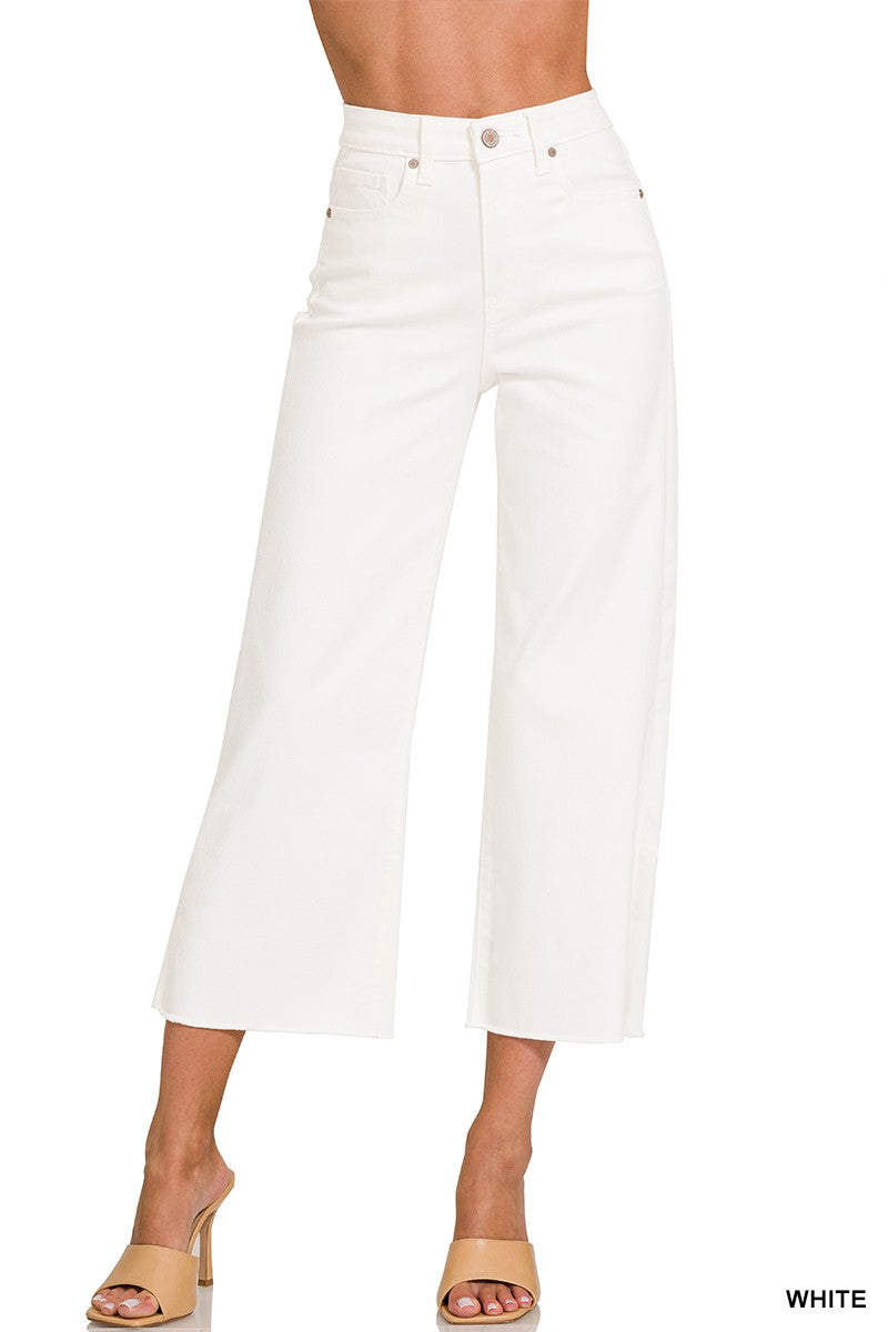 High Rise Wide Leg Cropped White Denim Pants