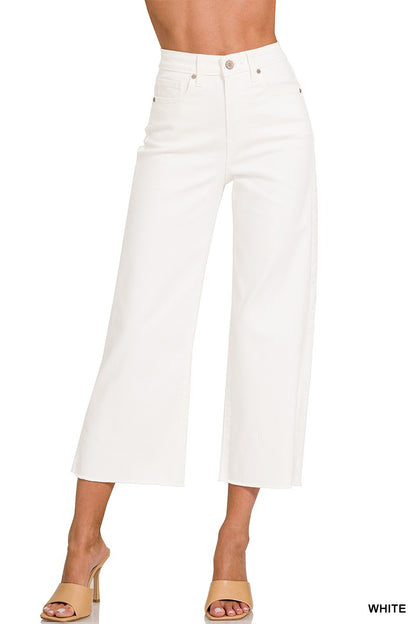 High Rise Wide Leg Cropped White Denim Pants