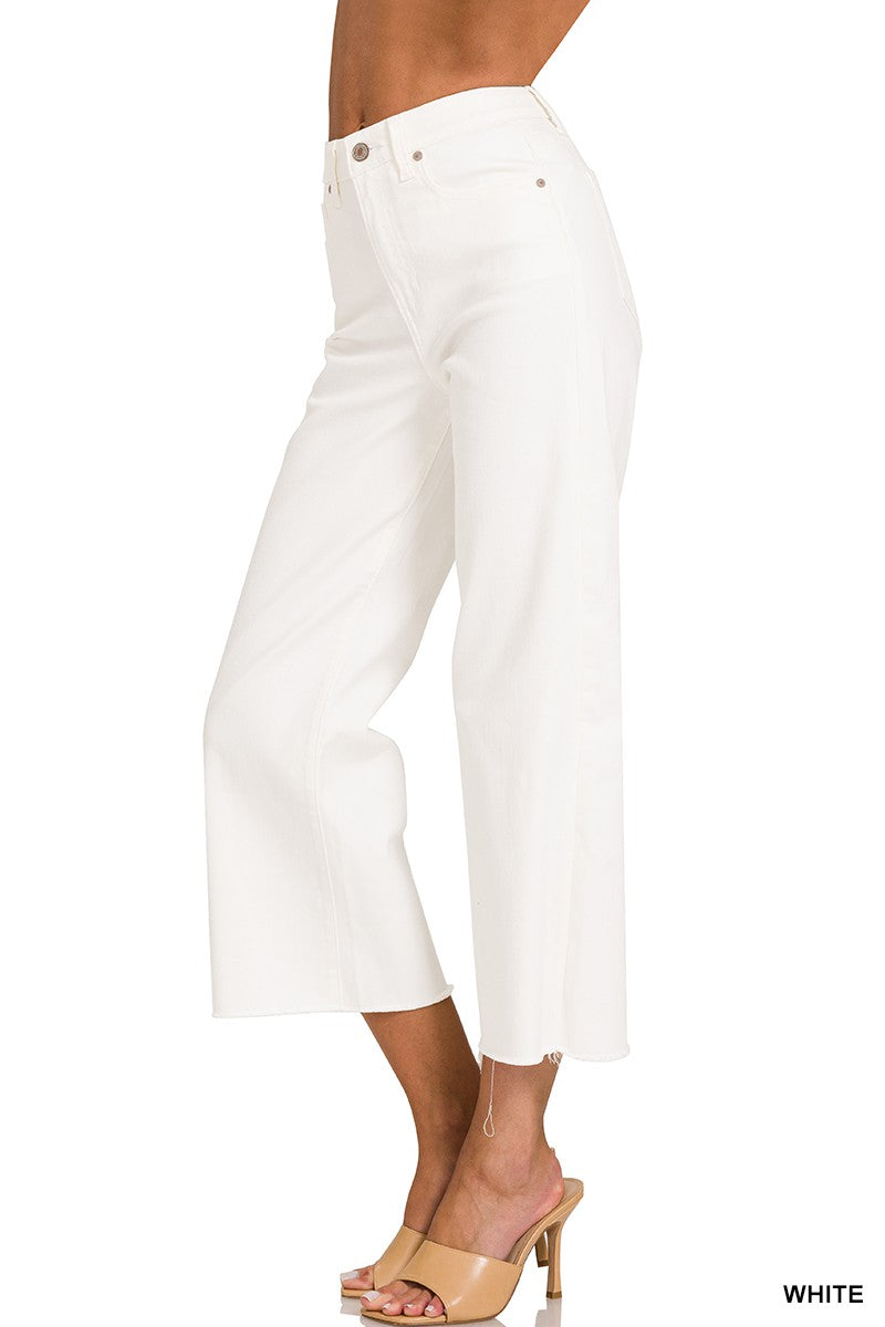 High Rise Wide Leg Cropped White Denim Pants