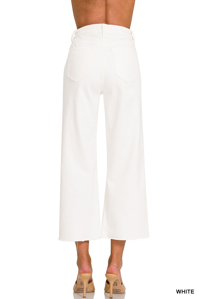 High Rise Wide Leg Cropped White Denim Pants