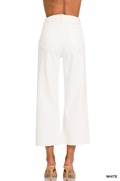High Rise Wide Leg Cropped White Denim Pants