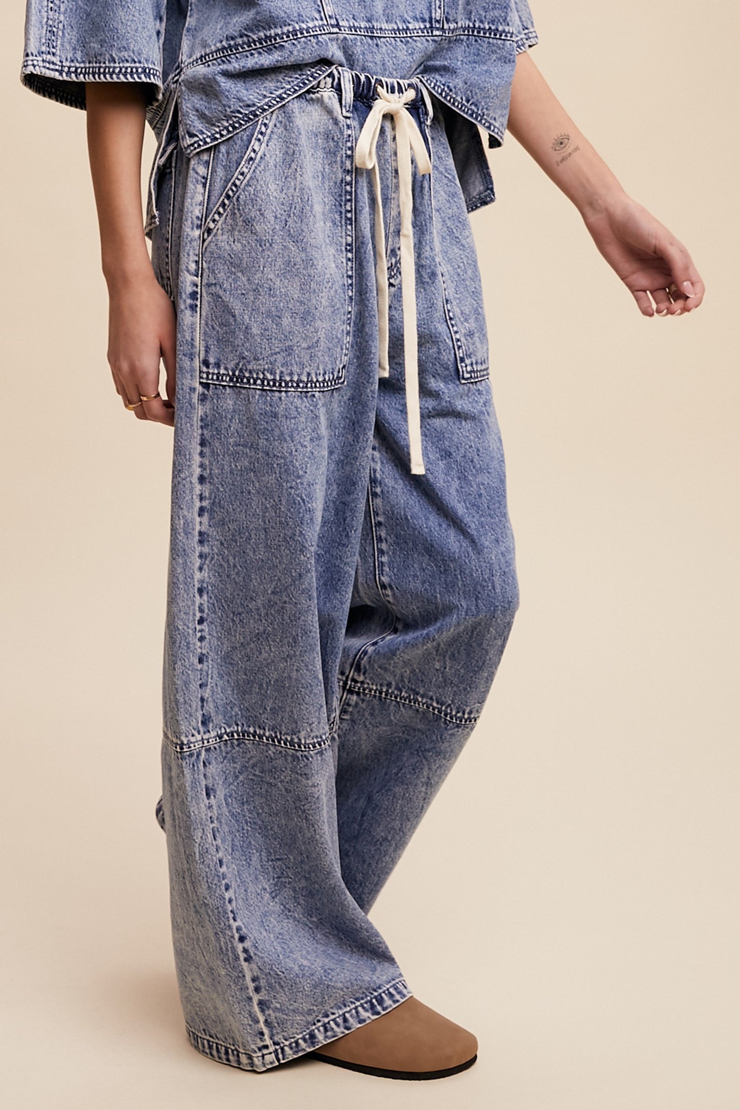 Denim Button Down w/ Wide-Leg Drawstring Pants Set