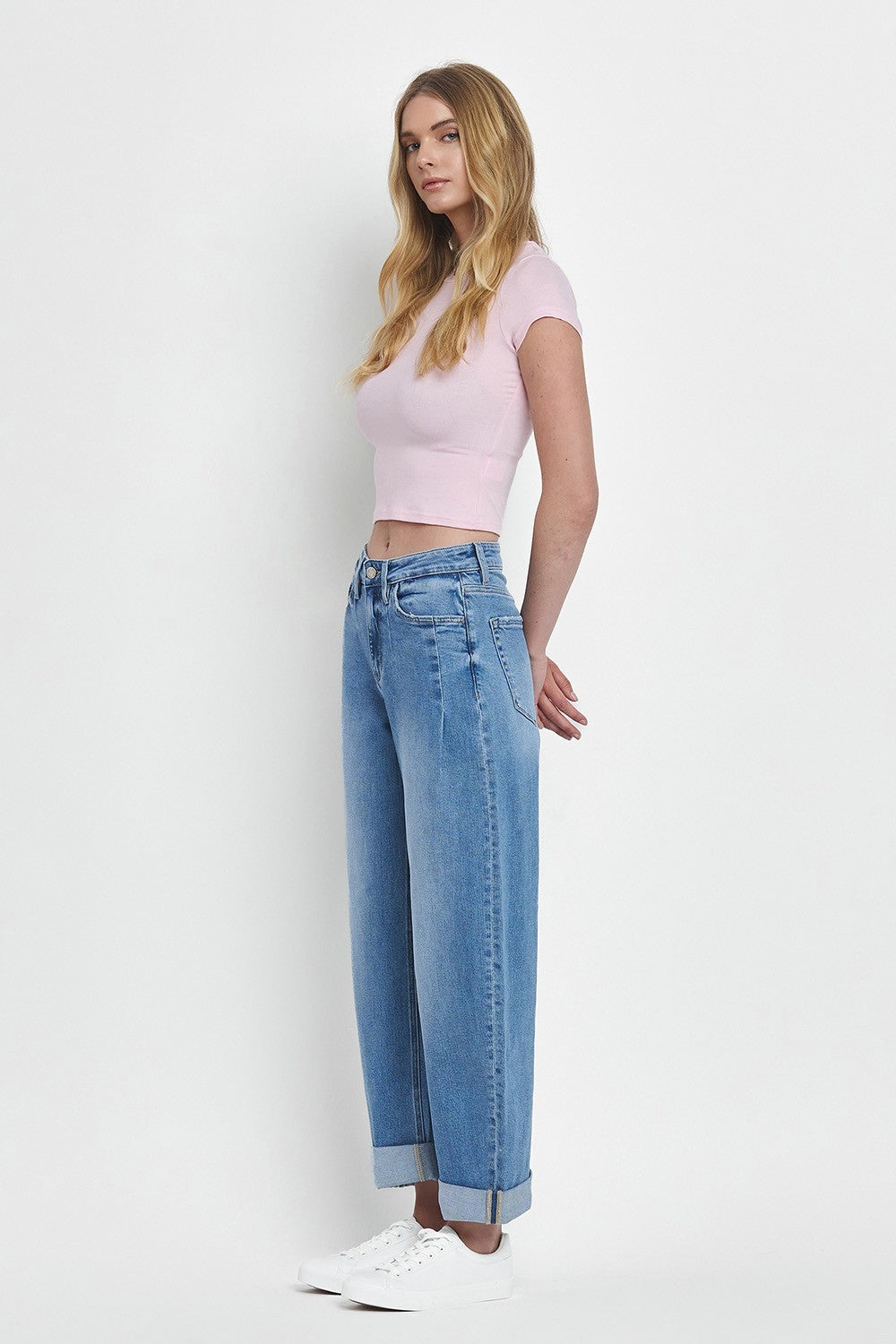 Wind Snap Super High Rise Double Cuffed Barrel Jeans by Vervet