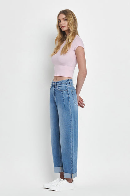 Wind Snap Super High Rise Double Cuffed Barrel Jeans by Vervet