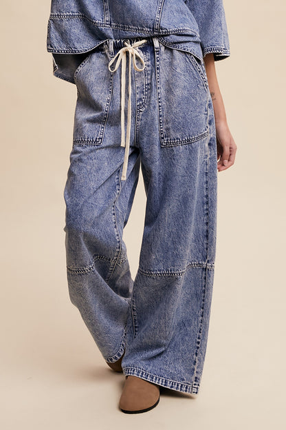 Denim Button Down w/ Wide-Leg Drawstring Pants Set
