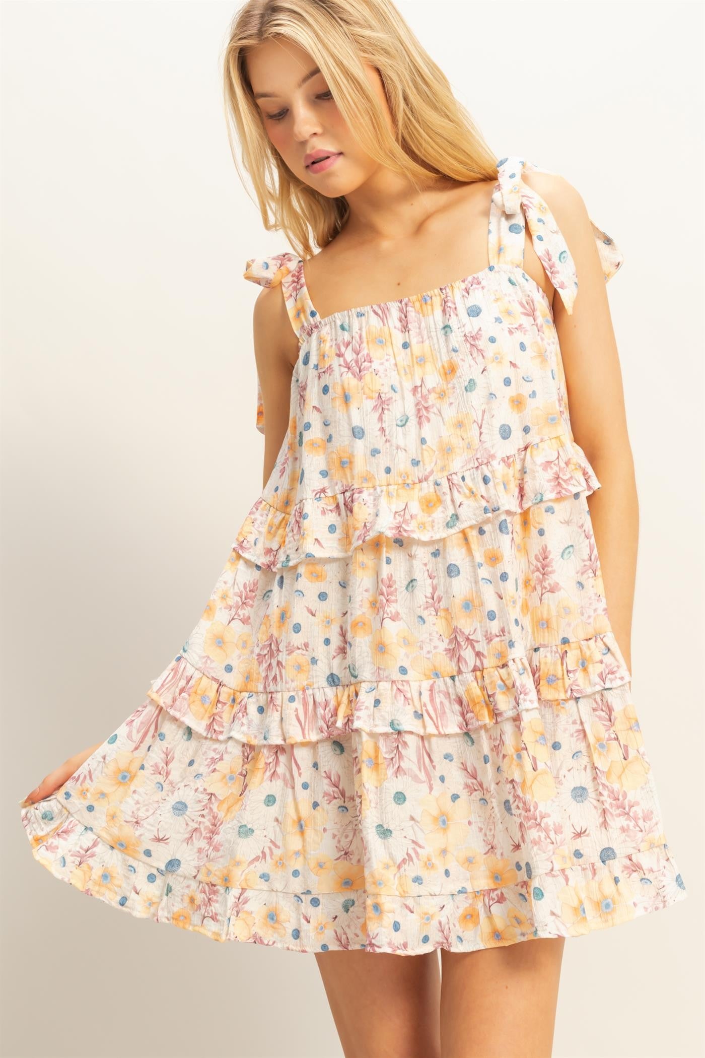 Floral Self-Tie Straps Ruffle Mini Dress