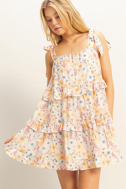 Floral Self-Tie Straps Ruffle Mini Dress