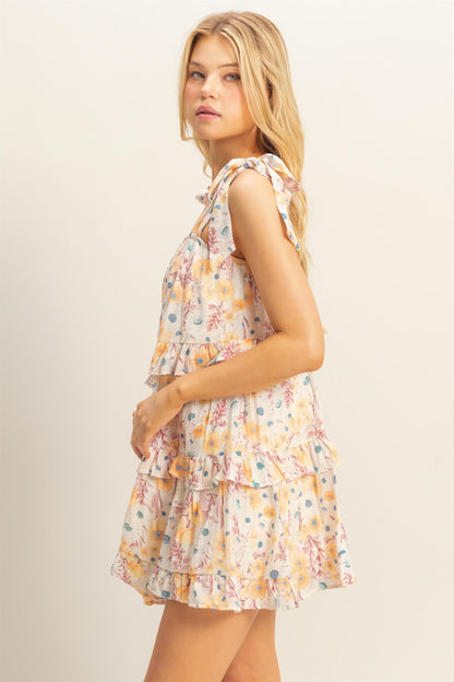 Floral Self-Tie Straps Ruffle Mini Dress