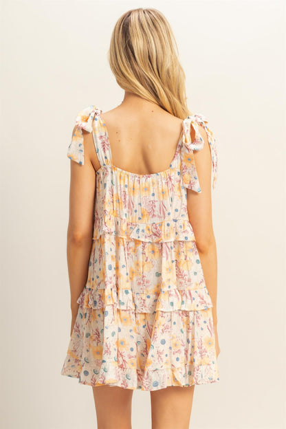 Floral Self-Tie Straps Ruffle Mini Dress