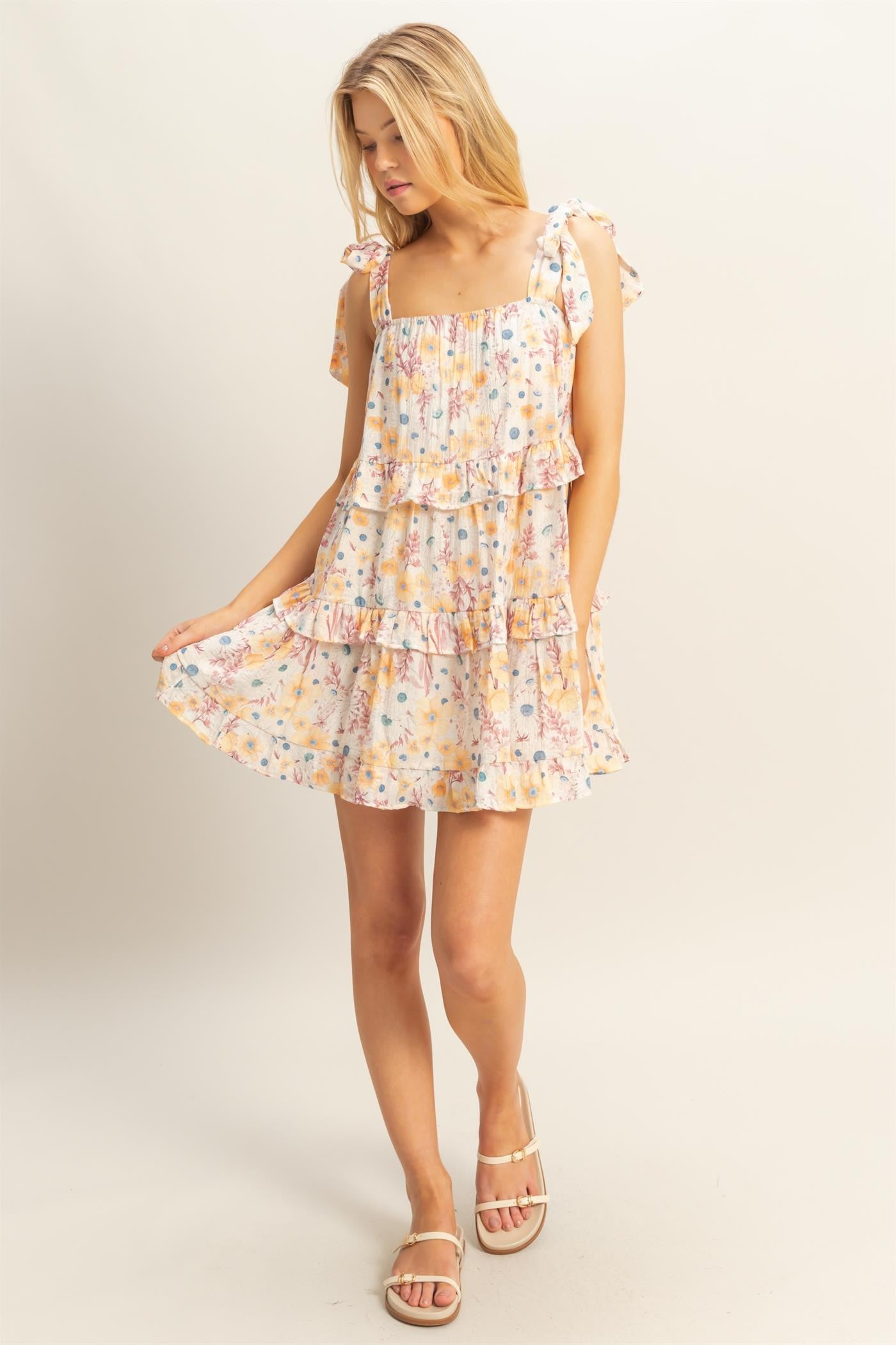 Floral Self-Tie Straps Ruffle Mini Dress