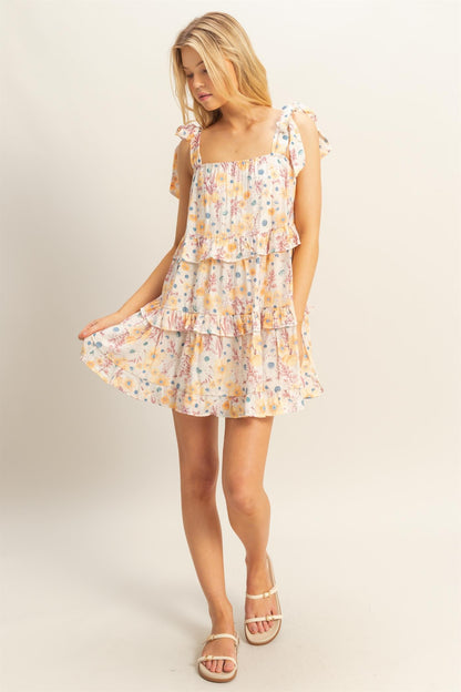Floral Self-Tie Straps Ruffle Mini Dress
