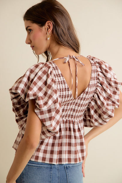 Gingham Bubble Sleeves Back Smocked Blouse Top