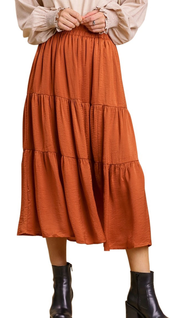 Rust Elastic Waist Band Tiered Skirt